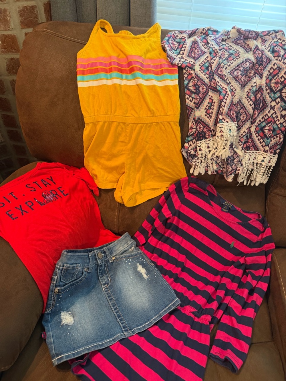 Girls Size 8 bundle Justice denim skirt/red top, romper, Polo dress, cardigan.